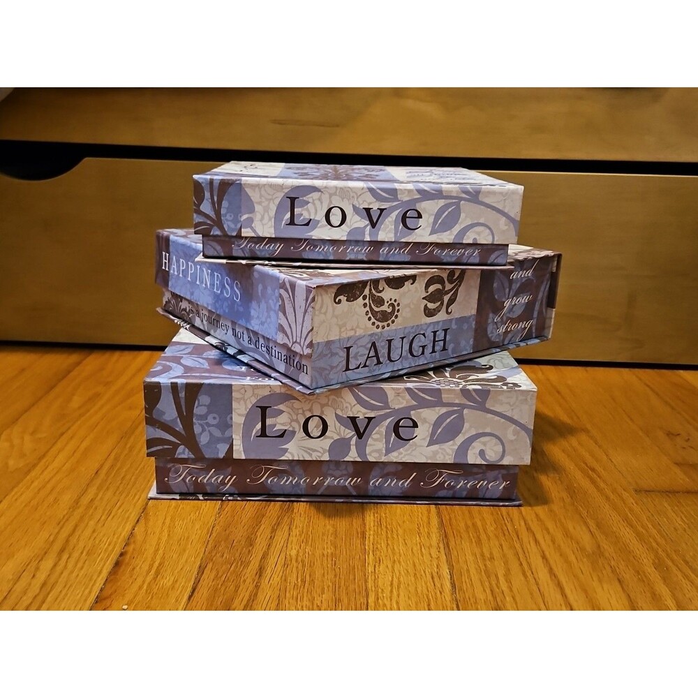 Elegant 3 Pc Nesting Storage Box Set Purple Fleur De Lis Love Laugh Happiness